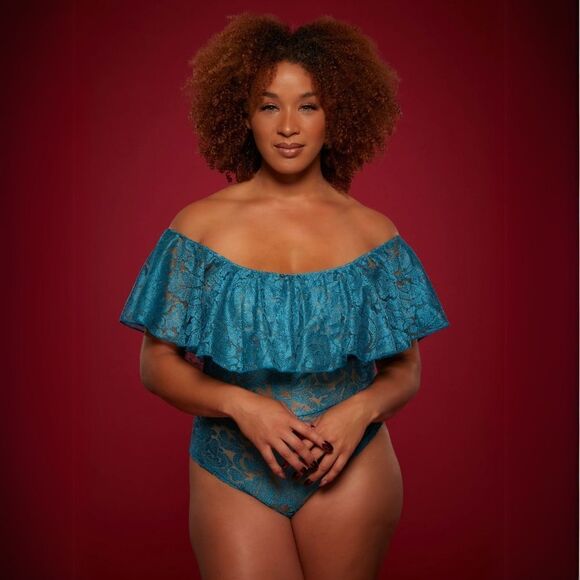 🆕 Women's Medium Over The Shoulder Blue Floral Lace Bodysuit with Ruffles - Picture 1 of 4